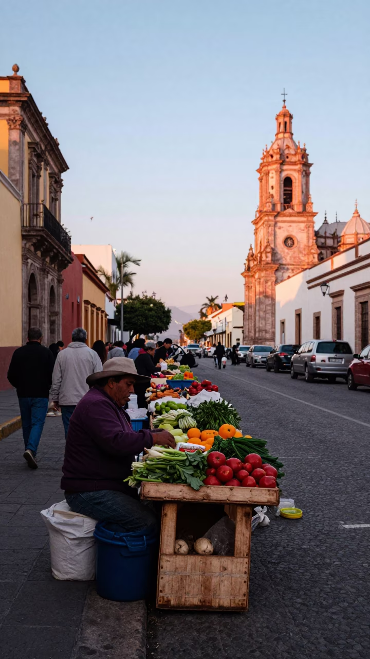 Early Morning Street Scene in Guadalajara Mexico with Local Market Vendor and Latch Detail in in Guadalajara, Mexico