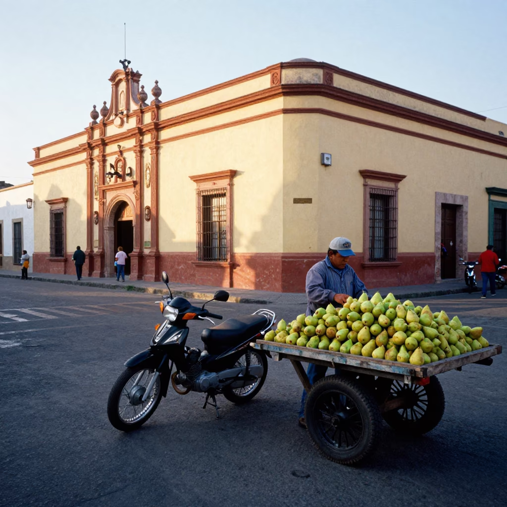 Early Morning Street Scene in Guadalajara Mexico with Motorcycle and Pears in in Guadalajara, Mexico