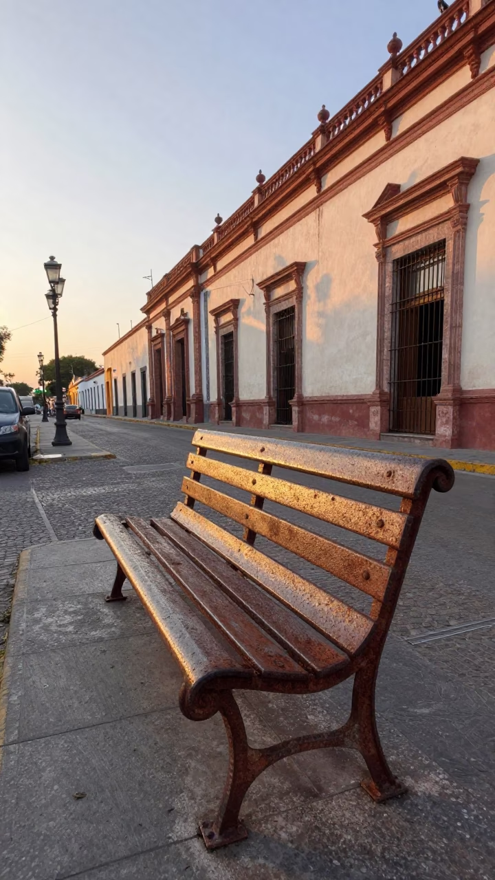 Early Morning Street Scene in Guadalajara Mexico with Rusty Bench and Pomegranate Tree in in Guadalajara, Mexico
