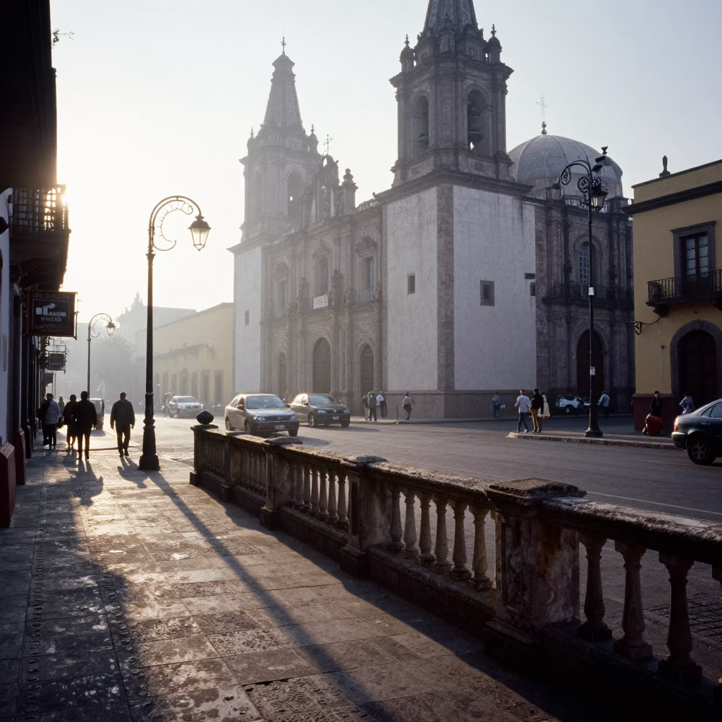 Early Morning Street Scene in Guadalajara Mexico with Stair Rail and Ceramic Plate in in Guadalajara, Mexico