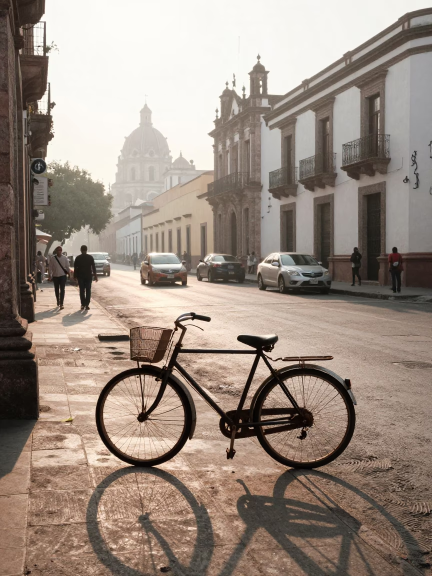 Early Morning Street Scene in Guadalajara Mexico with Vintage Bicycle and Market Stalls in in Guadalajara, Mexico