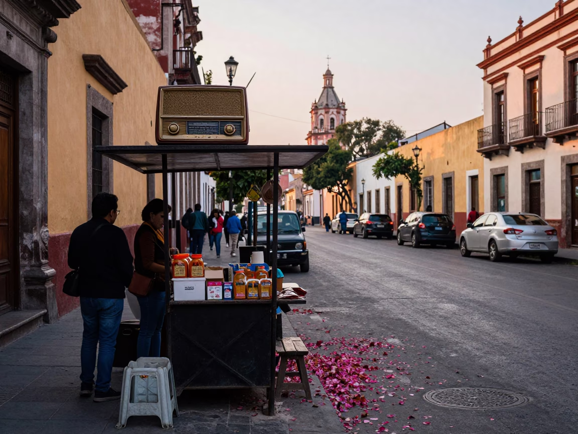 Early morning street scene in Guadalajara Mexico with vintage radio and fallen petals in in Guadalajara, Mexico