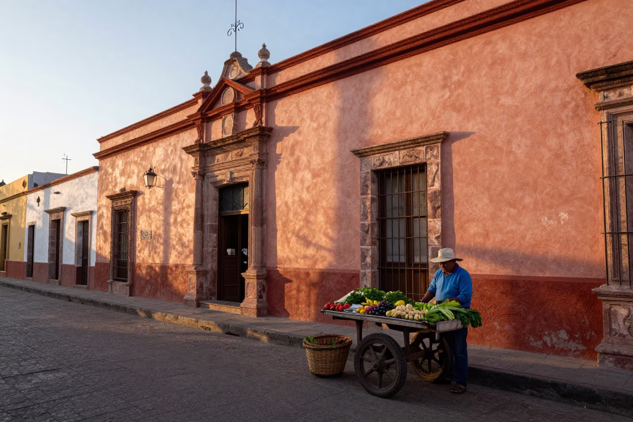 Early Morning Street Scene in Guadalajara Mexico with Woven Basket and Morning Light in in Guadalajara, Mexico