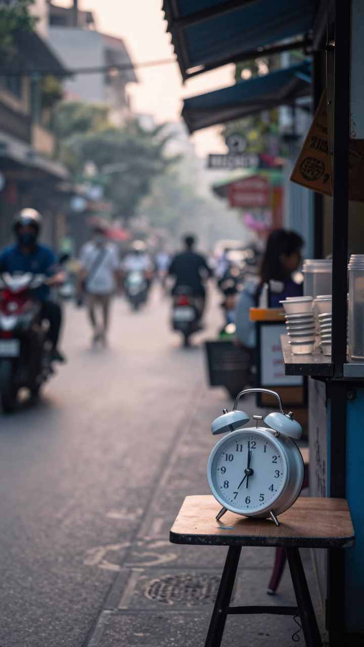 Early Morning Street Scene in Hanoi Vietnam with Alarm Clock and Vespa in in Hanoi, Vietnam