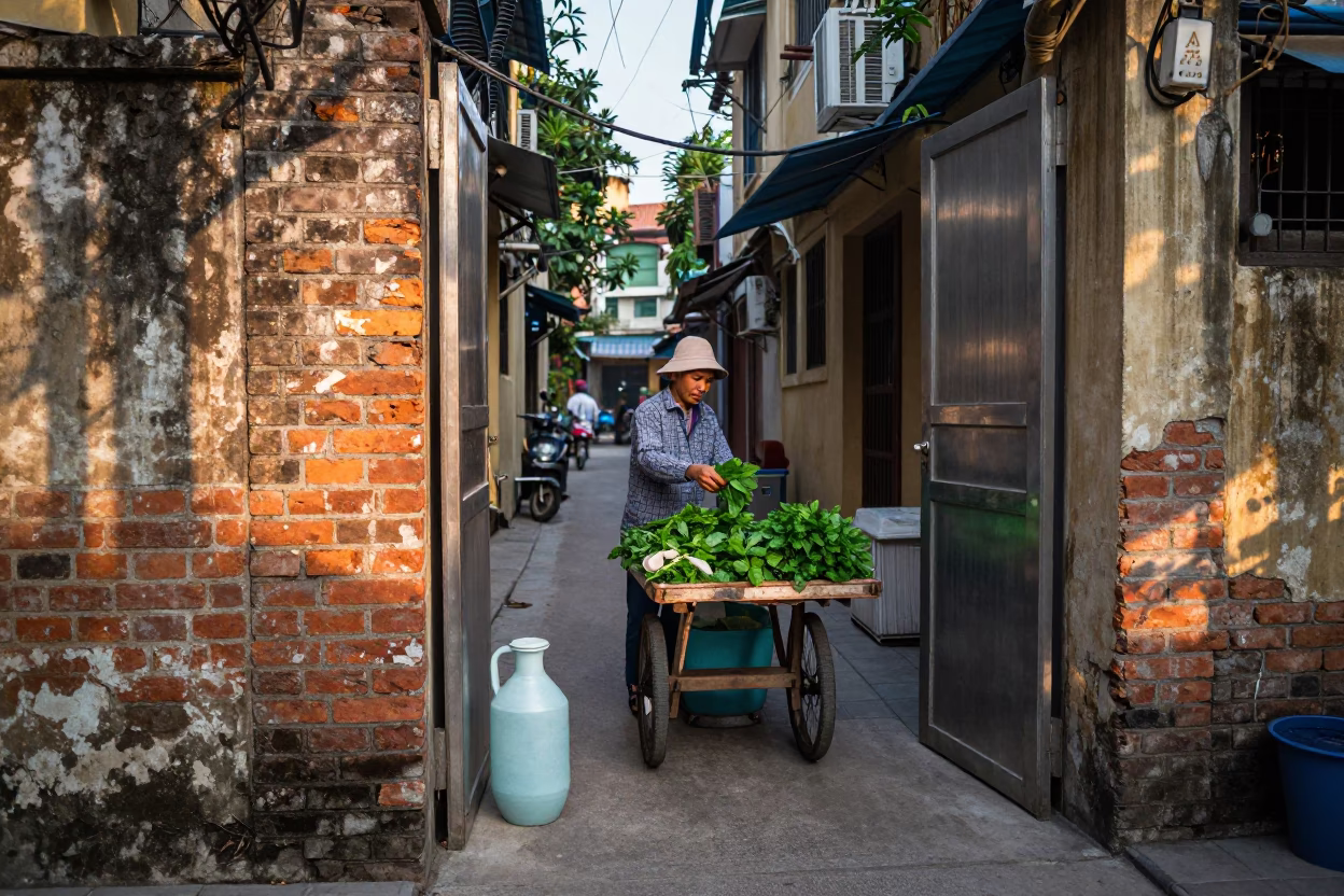 Early Morning Street Scene in Hanoi Vietnam with Cooler Jug and Mint Leaves in in Hanoi, Vietnam