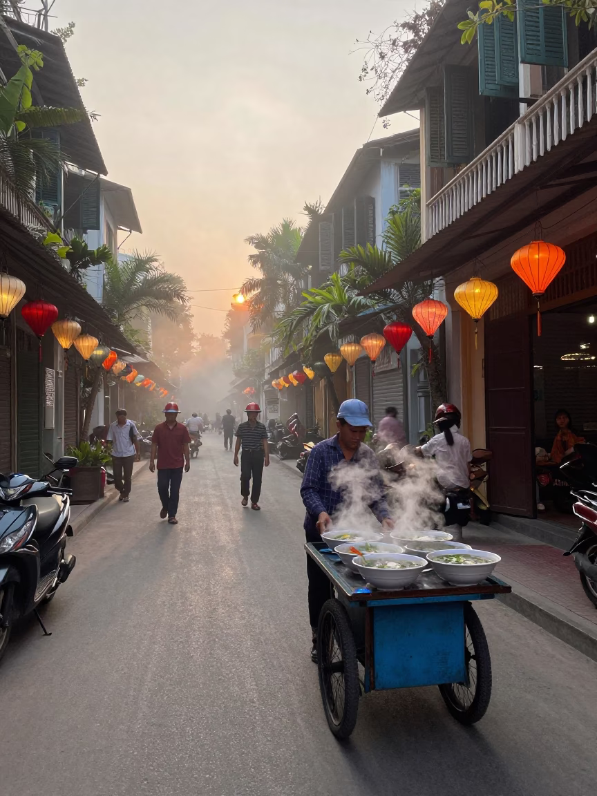 Early Morning Street Scene in Hanoi Vietnam with Lanterns and Narrowboat in in Hanoi, Vietnam