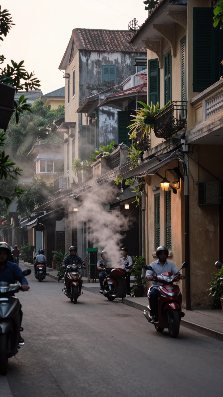 Early Morning Street Scene in Hanoi Vietnam with Steam and Local Commerce in in Hanoi, Vietnam