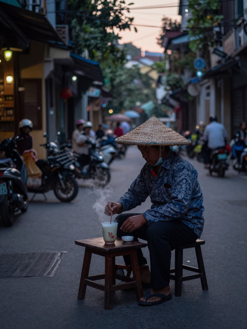 Early Morning Street Scene in Hanoi Vietnam with Traditional Cup and Bottle Caddy in in Hanoi, Vietnam