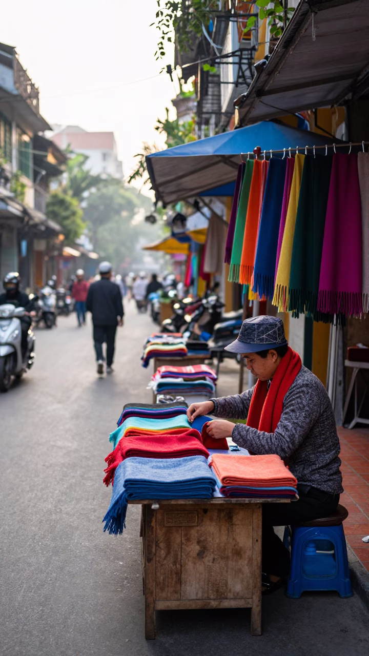 Early Morning Street Scene in Hanoi Vietnam with Wool Scarves and Magazine Rack in in Hanoi, Vietnam