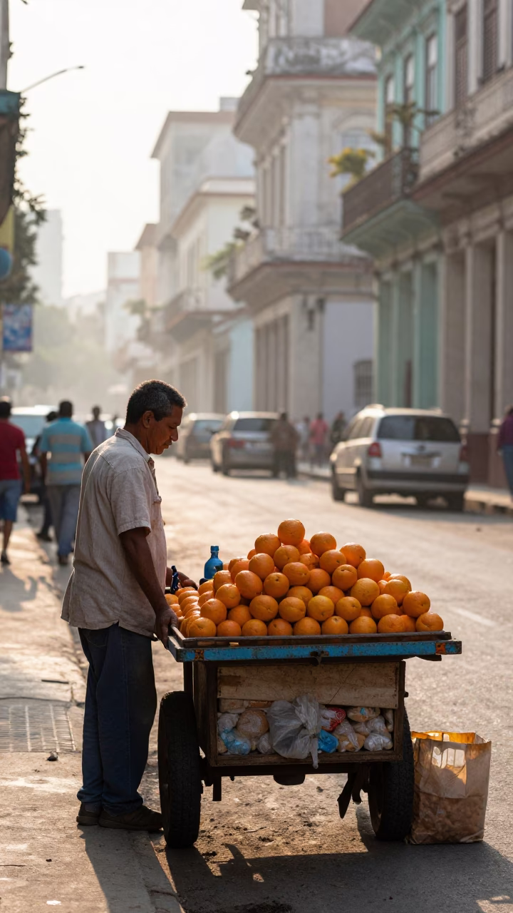 Early Morning Street Scene in Havana Cuba with Oranges and Daily Life in in Havana, Cuba