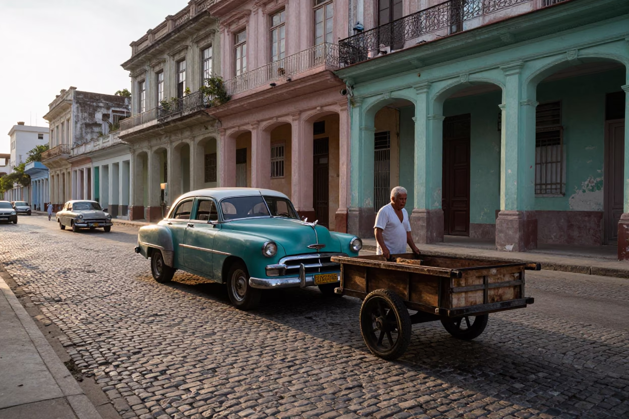 Early Morning Street Scene in Havana Cuba with Vintage Car and Local Market Activity in in Havana, Cuba