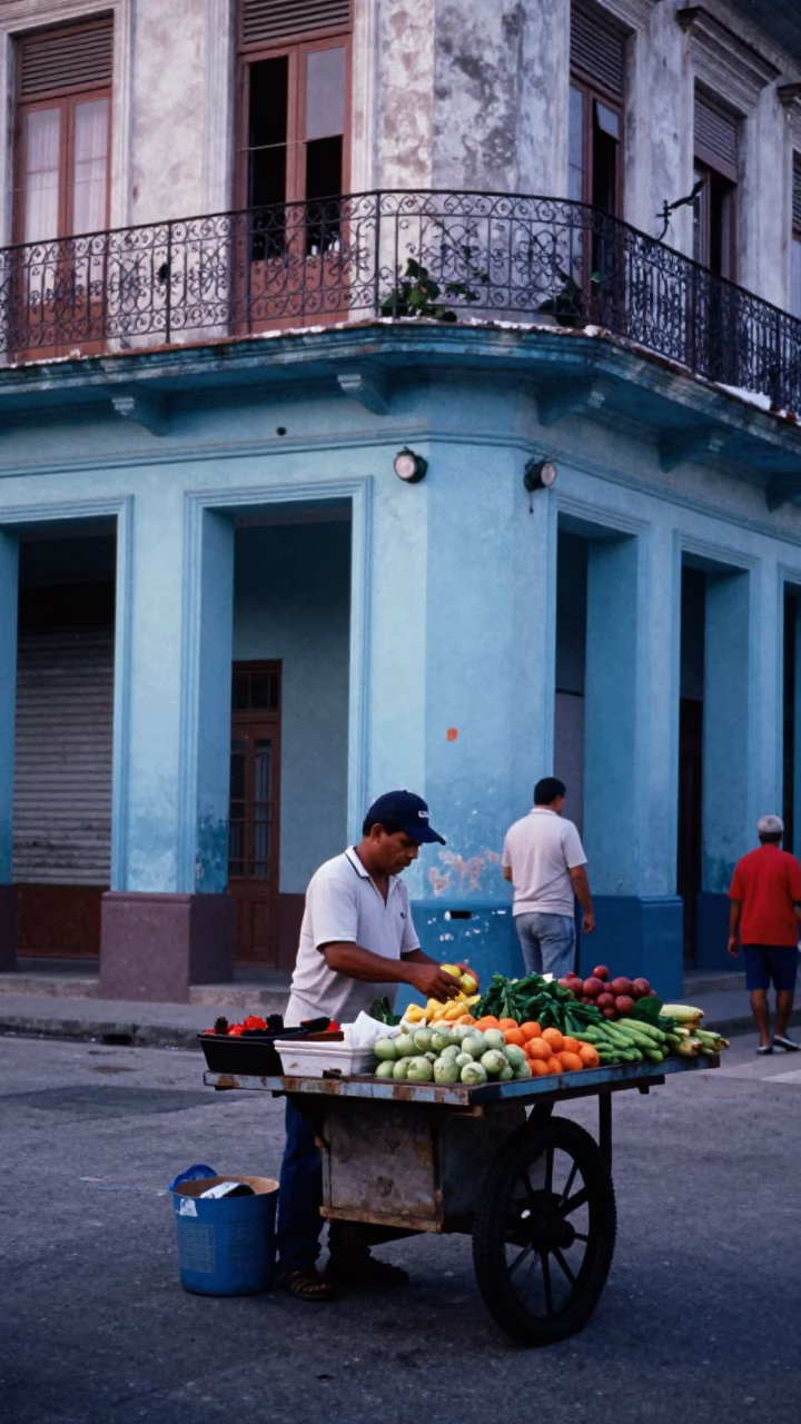 Early Morning Street Scene in Havana Cuba with Weathered Blue and White Porcelain Jar in in Havana, Cuba