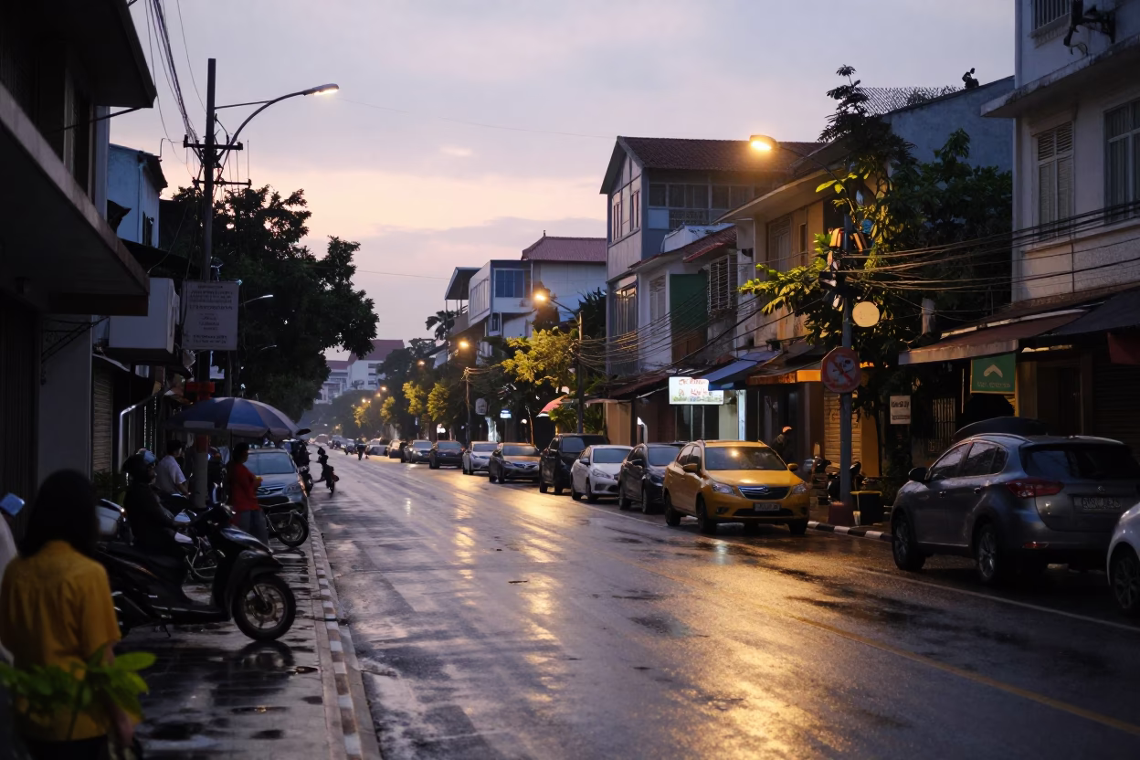 Early Morning Street Scene in Ho Chi Minh City Vietnam Before Dawn in in Ho Chi Minh City, Vietnam