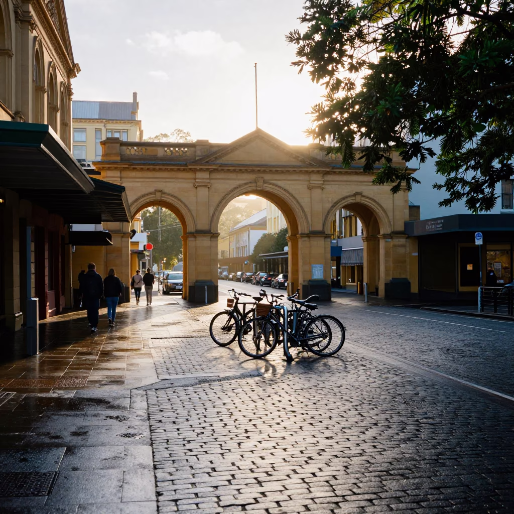 Early Morning Street Scene in Hobart Tasmania with University Archway and Wet Bicycle Rack in in Hobart, Tasmania, Australia