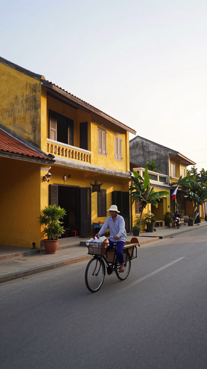 Early Morning Street Scene in Hoi An Vietnam with Bicycle Basket and Orange Peel in in Hoi An, Vietnam