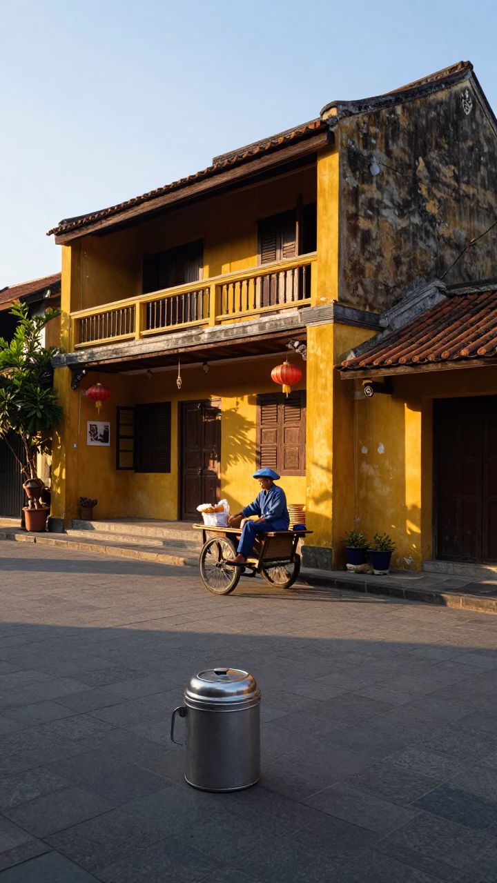 Early Morning Street Scene in Hoi An Vietnam with Biscuit Tin and Thread Spool in in Hoi An, Vietnam