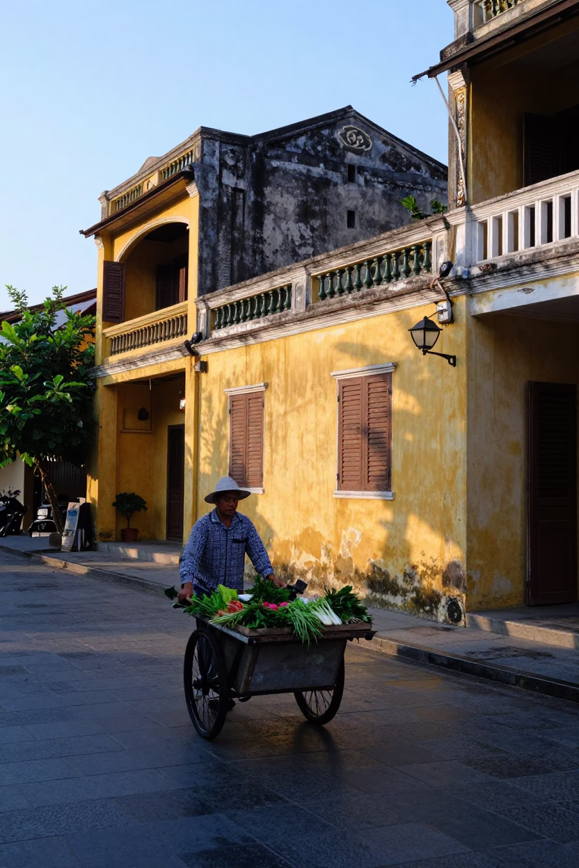 Early Morning Street Scene in Hoi An Vietnam with Blue and White Porcelain Jar in in Hoi An, Vietnam