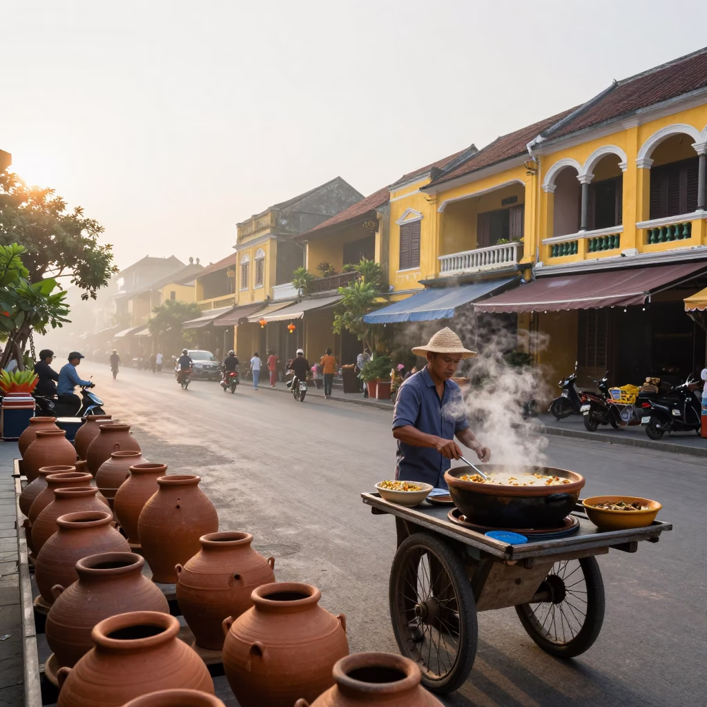 Early Morning Street Scene in Hoi An Vietnam with Clay Pots and Traditional Architecture in in Hoi An, Vietnam