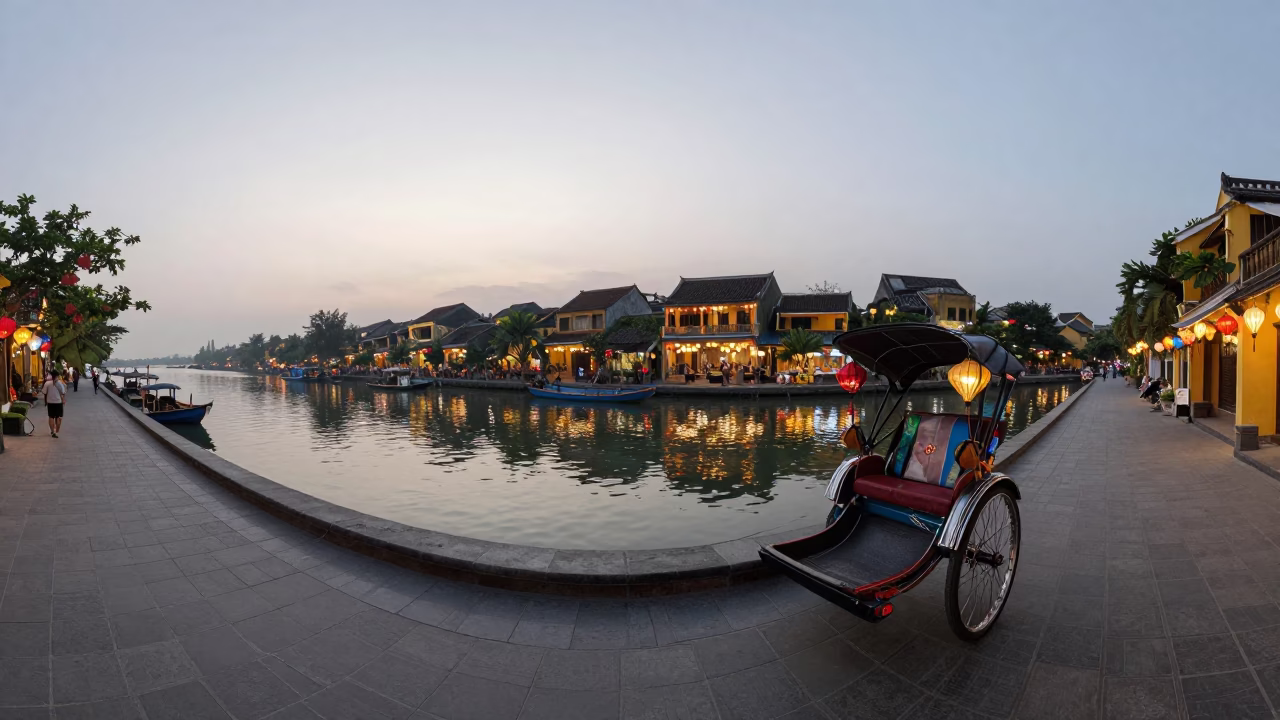 Early Morning Street Scene in Hoi An Vietnam with Colorful Lanterns and Local Breakfast in in Hoi An, Vietnam