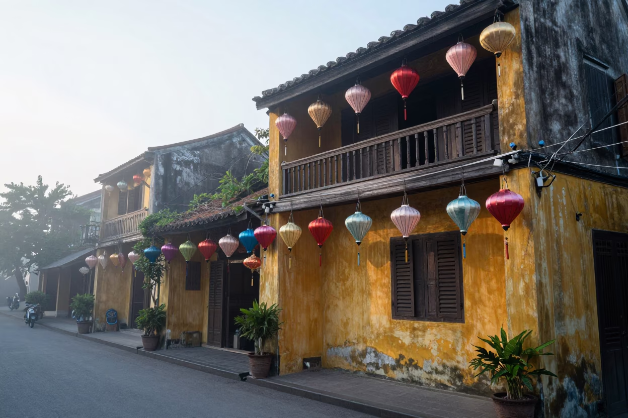 Early Morning Street Scene in Hoi An Vietnam with Hanging Lanterns in in Hoi An, Vietnam