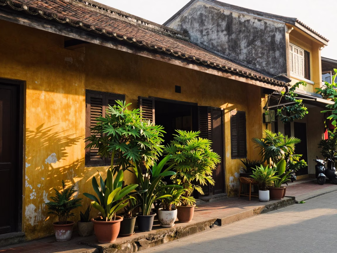 Early Morning Street Scene in Hoi An Vietnam with Houseplants and Morning Light in in Hoi An, Vietnam