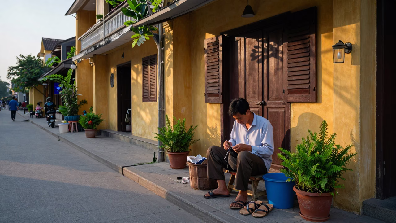 Early Morning Street Scene in Hoi An Vietnam with Local Cobbler and Potted Herbs in in Hoi An, Vietnam