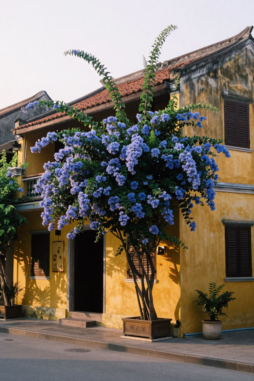 Early Morning Street Scene in Hoi An Vietnam with Plumbago Hedge and Local Life in in Hoi An, Vietnam