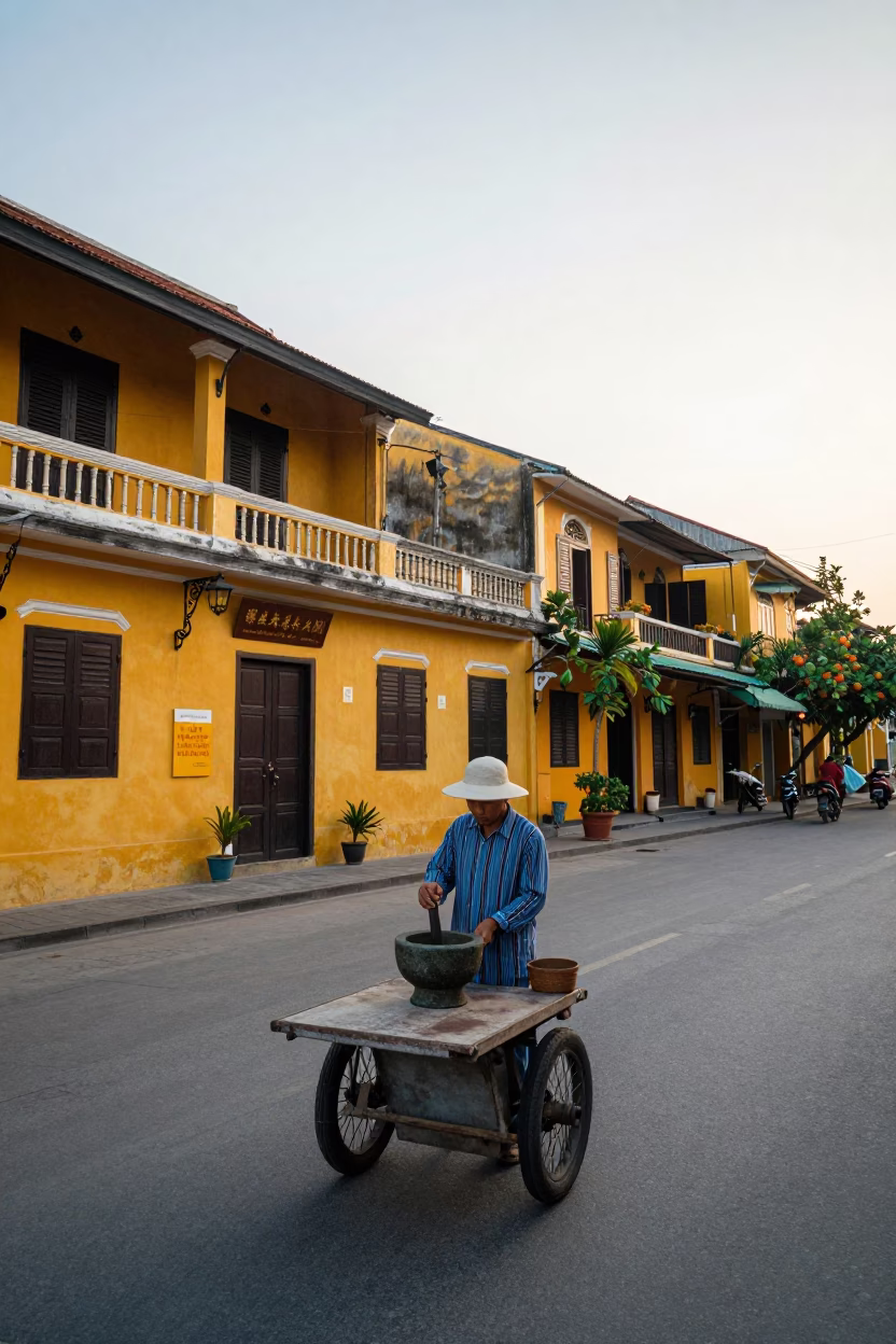 Early Morning Street Scene in Hoi An Vietnam with Yellow Buildings and Local Vendor in in Hoi An, Vietnam