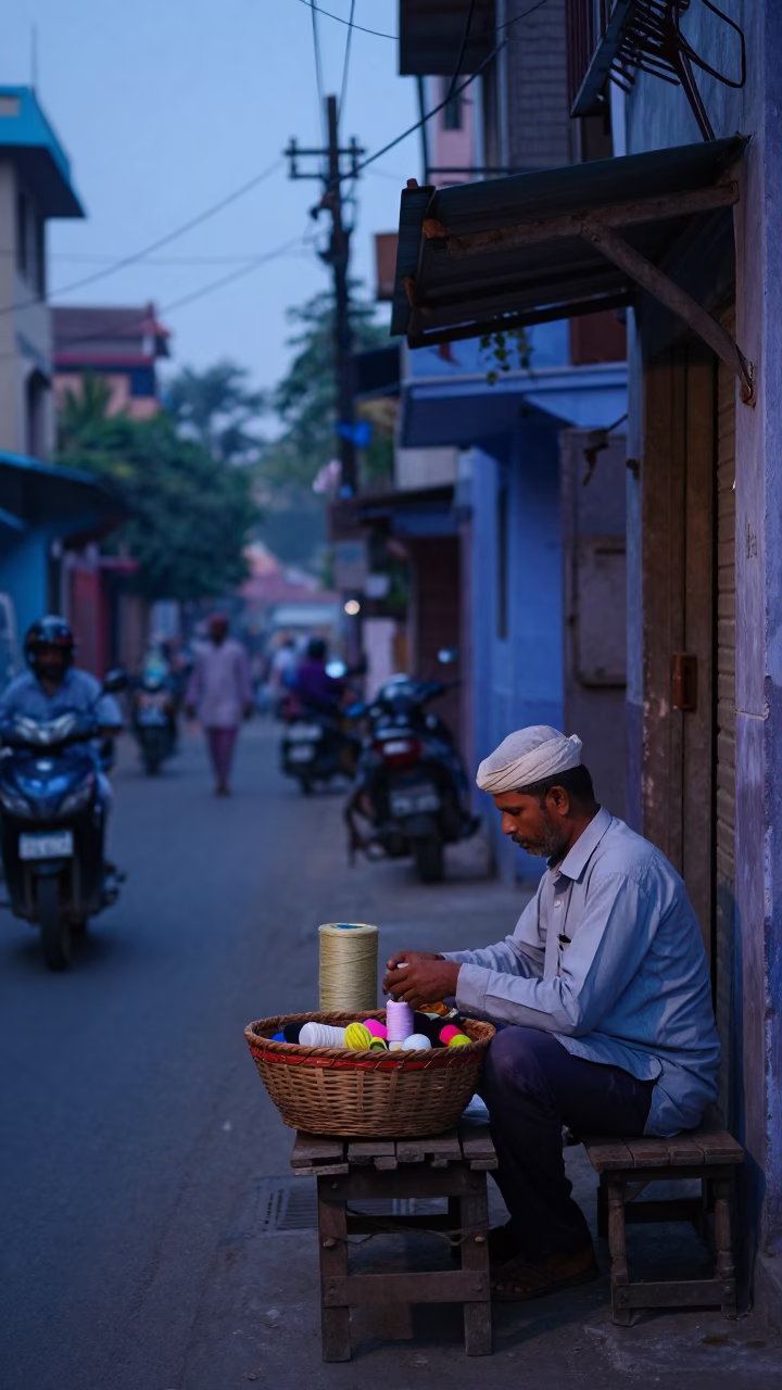 Early Morning Street Scene in Hyderabad India with Basket and Thread Spool in in Hyderabad, India