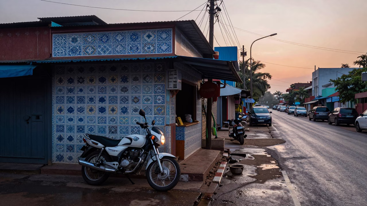 Early Morning Street Scene in Hyderabad India with Ceramic Tiles and Motorcycle in in Hyderabad, India