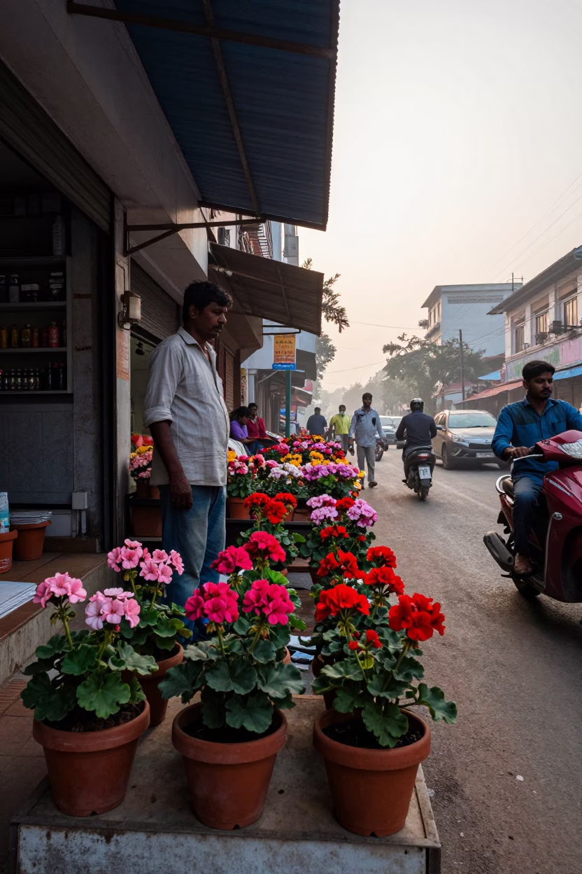 Early Morning Street Scene in Hyderabad India with Potted Geraniums and Local Traffic in in Hyderabad, India