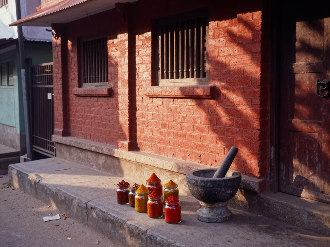 Early morning street scene in Hyderabad with spice jars and mortar in in Hyderabad, India