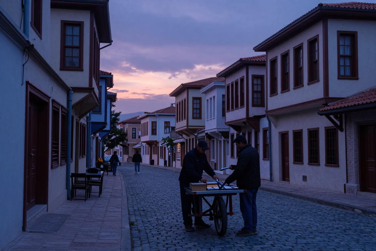Early Morning Street Scene in Izmir Turkey Before Sunrise with Local Market Elements in in Izmir, Turkey