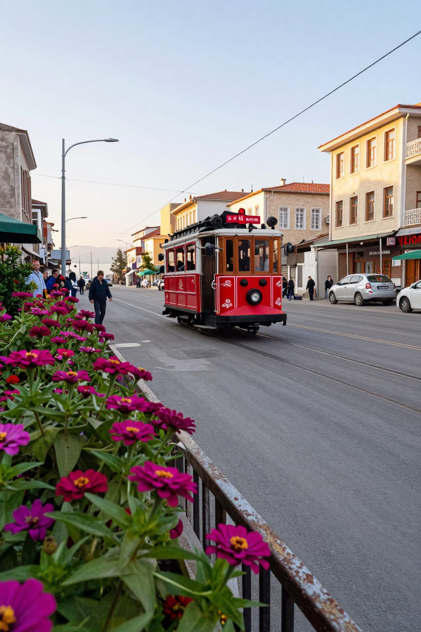 Early Morning Street Scene in Izmir Turkey with Cable Car and Floral Details in in Izmir, Turkey