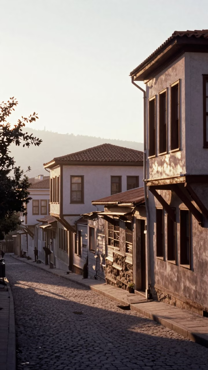Early Morning Street Scene in Izmir Turkey with Dusty Walls and Hanging Air Plants in in Izmir, Turkey