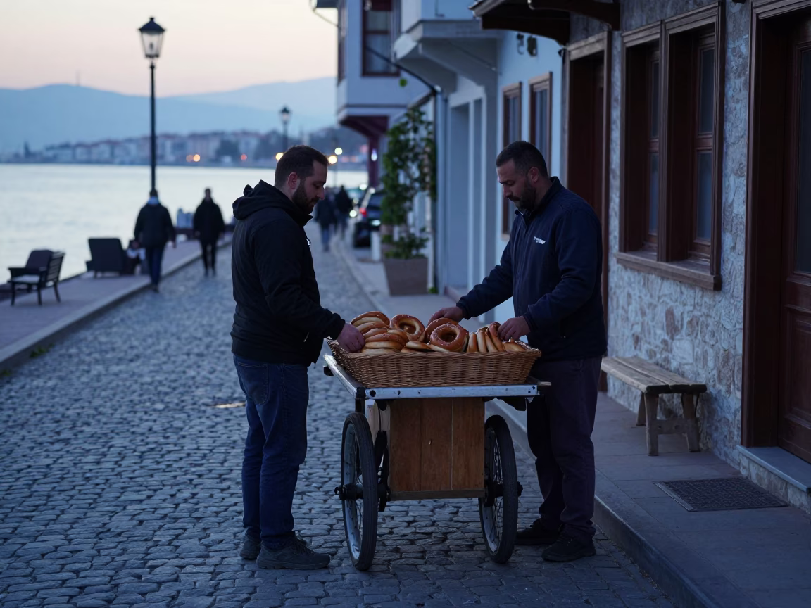 Early Morning Street Scene in Izmir Turkey with Local Bakery Basket Tray in in Izmir, Turkey