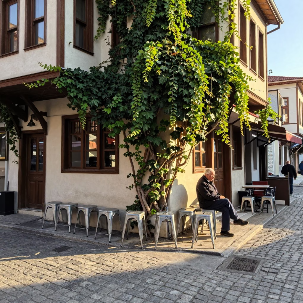 Early Morning Street Scene in Izmir Turkey with Metal Stools and Ivy Vines in in Izmir, Turkey