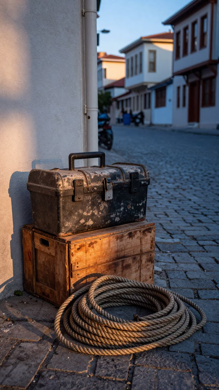 Early Morning Street Scene in Izmir Turkey with Toolbox and Coiled Rope in in Izmir, Turkey