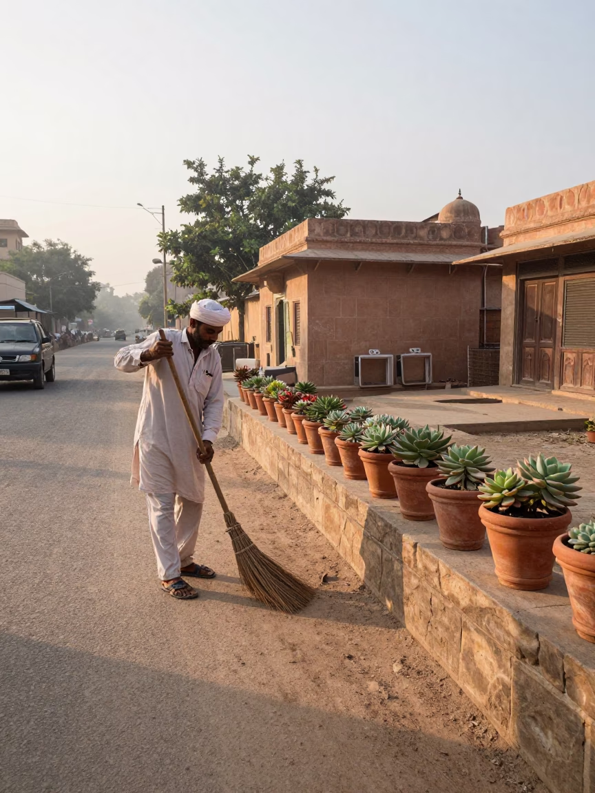 Early Morning Street Scene in Jaipur India with Broom and Terracotta Pots in in Jaipur, India