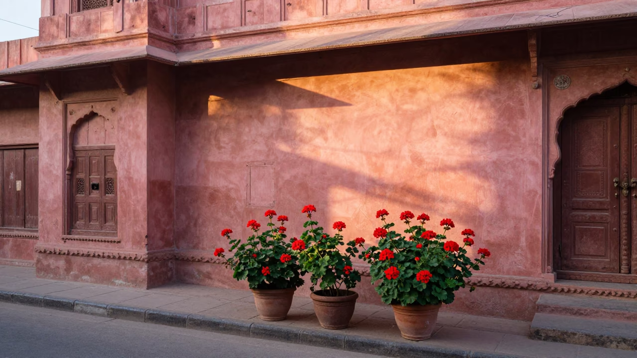 Early Morning Street Scene in Jaipur India with Geraniums and Morning Dew on Echeveria in in Jaipur, India