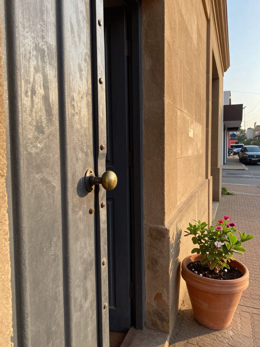 Early morning street scene in Johannesburg with flowerpot and doorknob in in Johannesburg, South Africa