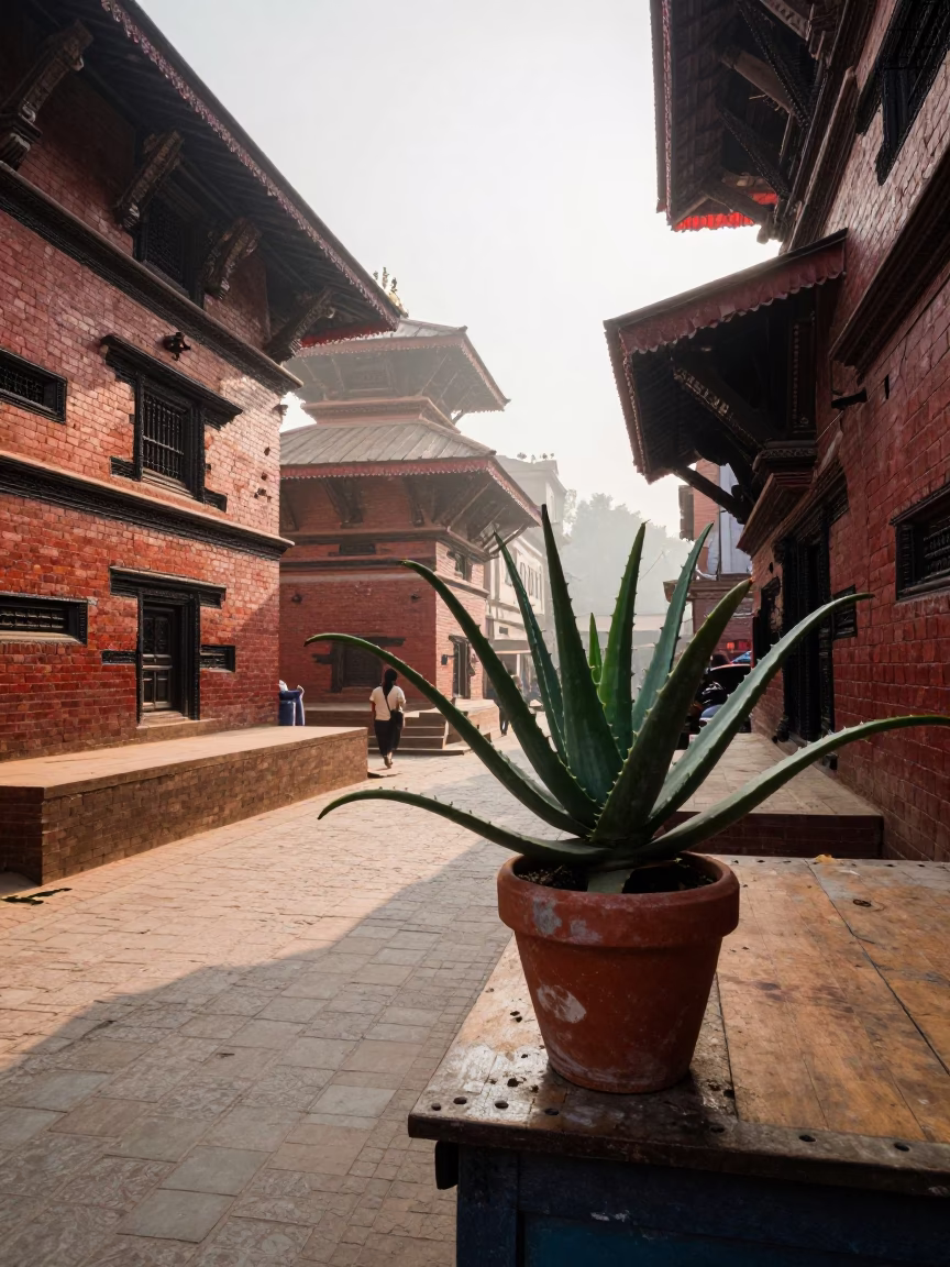 Early Morning Street Scene in Kathmandu Nepal with Aloe Vera and Shoehorn in in Kathmandu, Nepal