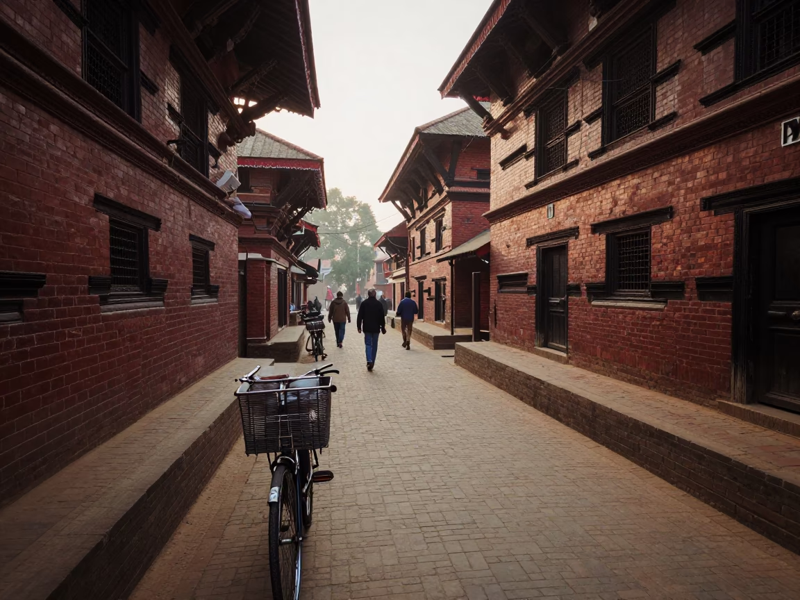 Early Morning Street Scene in Kathmandu Nepal with Bicycle Basket and Window Light in in Kathmandu, Nepal