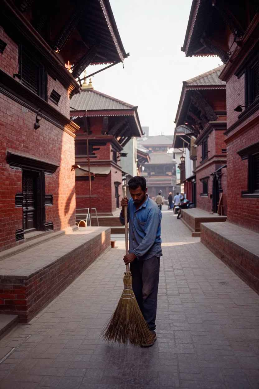 Early Morning Street Scene in Kathmandu Nepal with Broom and Daily Life in in Kathmandu, Nepal