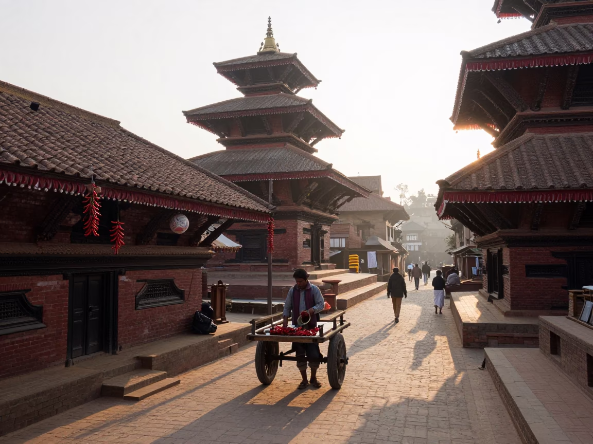 Early Morning Street Scene in Kathmandu Nepal with Chili Peppers and Potted Herbs in in Kathmandu, Nepal