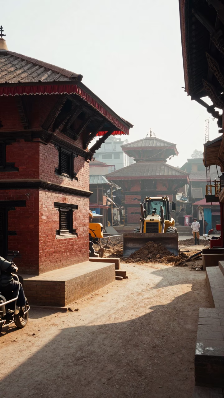 Early Morning Street Scene in Kathmandu Nepal with Construction and Local Activity in in Kathmandu, Nepal