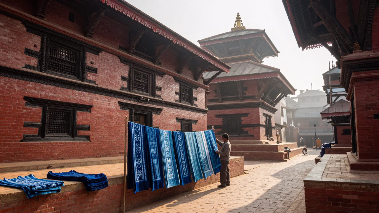 Early Morning Street Scene in Kathmandu Nepal with Indigo Fabric and Local Commerce in in Kathmandu, Nepal