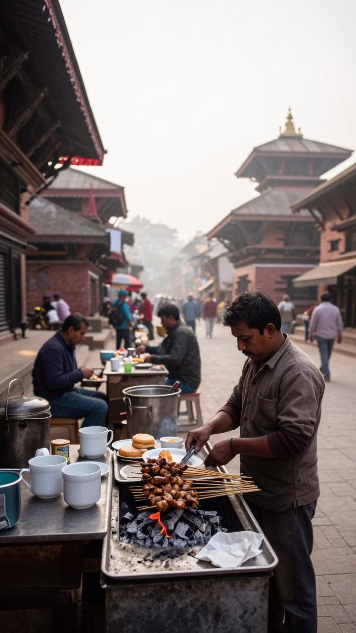 Early Morning Street Scene in Kathmandu Nepal with Local Breakfast and Porcelain in in Kathmandu, Nepal
