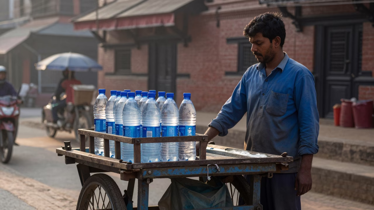 Early Morning Street Scene in Kathmandu Nepal with Local Vendor and Bottled Water in in Kathmandu, Nepal
