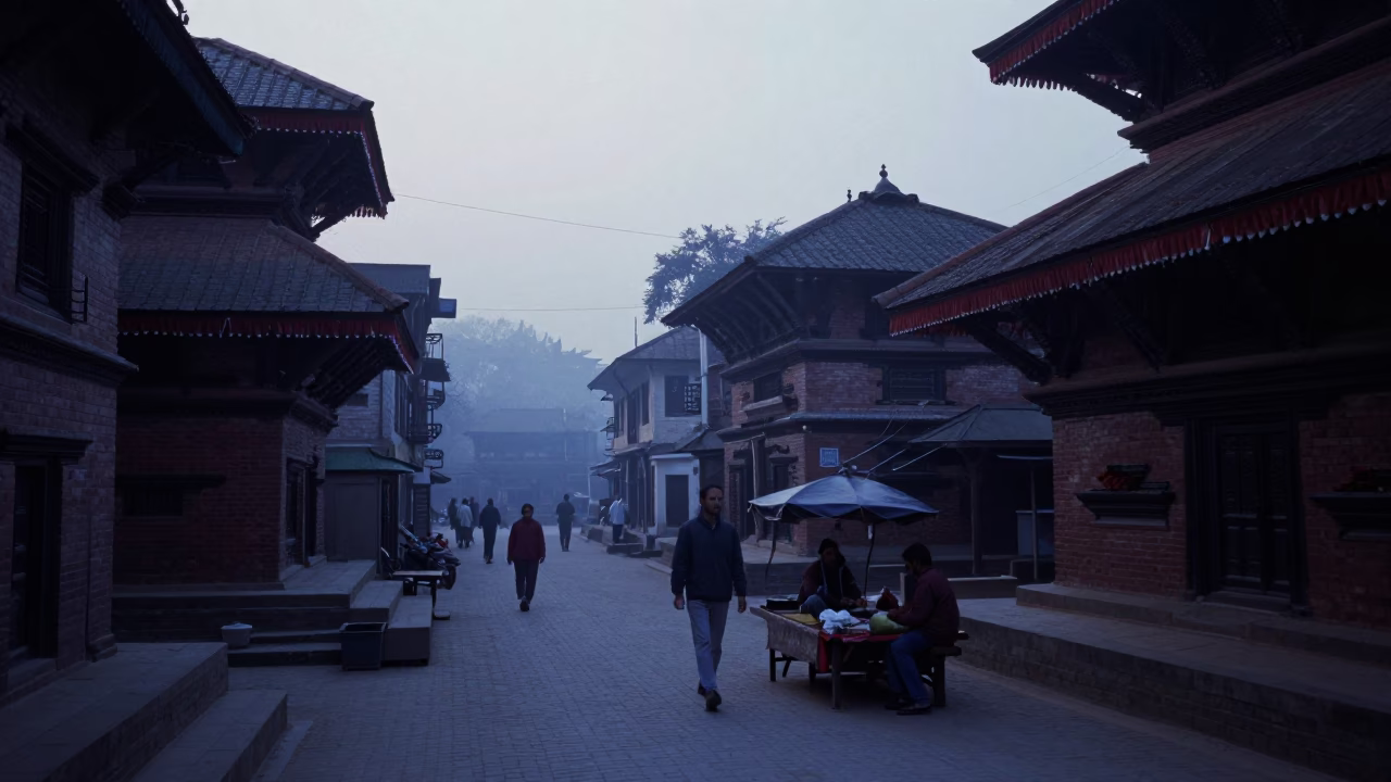 Early Morning Street Scene in Kathmandu Nepal with Local Vendor and Hand Tool in in Kathmandu, Nepal